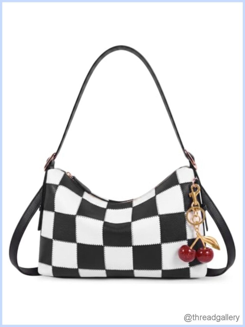 Checkered Hobo Shoulder Bag PU Leather Cherry Charm Crossbody